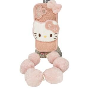 Hello Kitty Faux Fur Teddy PomPom Pastel Pink Kawaii Phone Case Wrislet 17 Pro